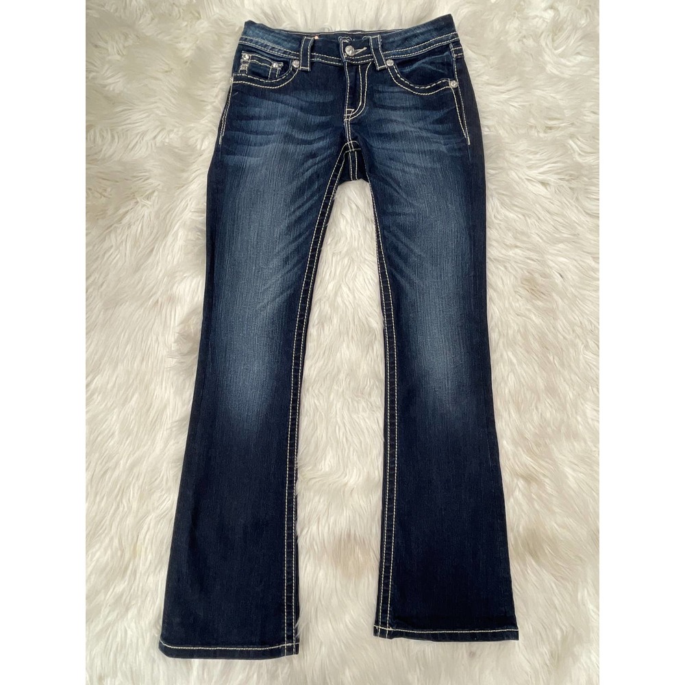 Miss Me Signature Rise Boot Cut Jeans Sz 27 Sequin Bling Faux Flap Pocket